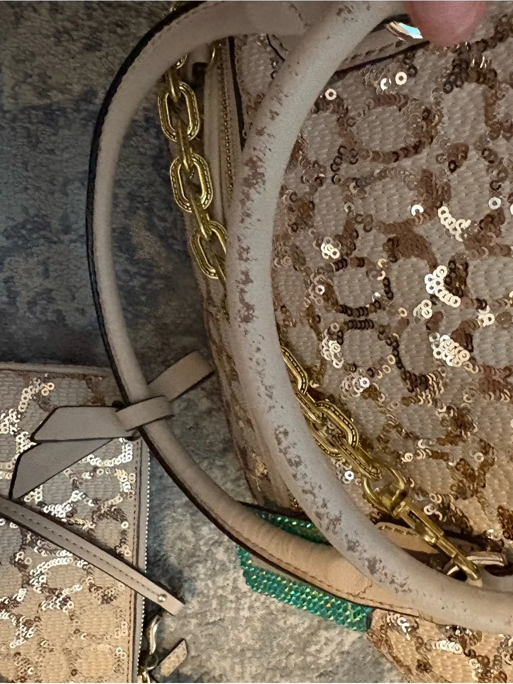 Coach poppy Beige Sequin Logo Satchel with Matching Wristlet